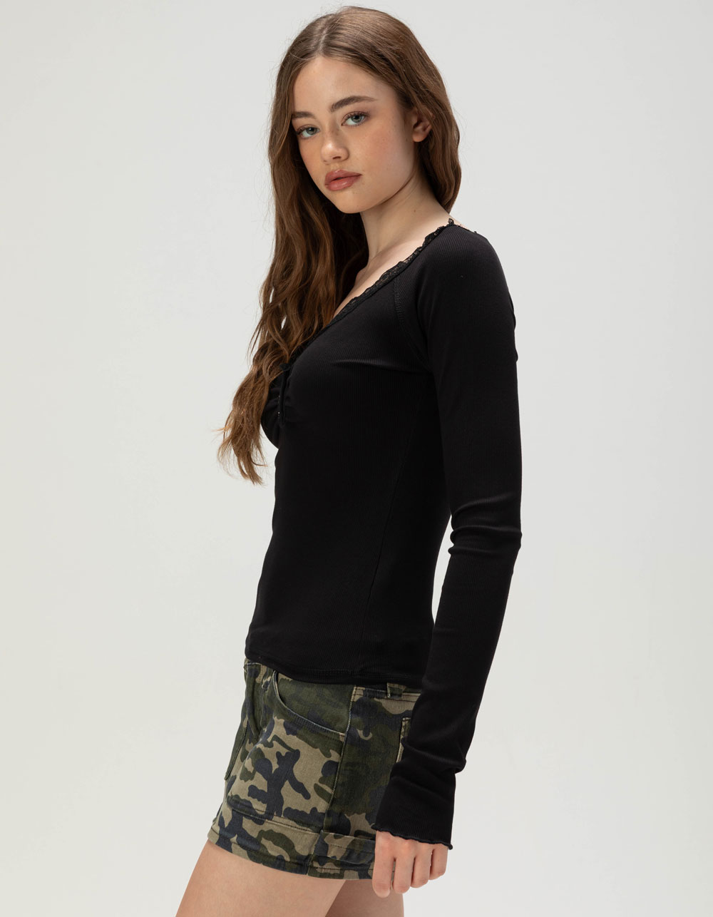 LOVE TREE Womens Lace Trim Long Sleeve Henley Top