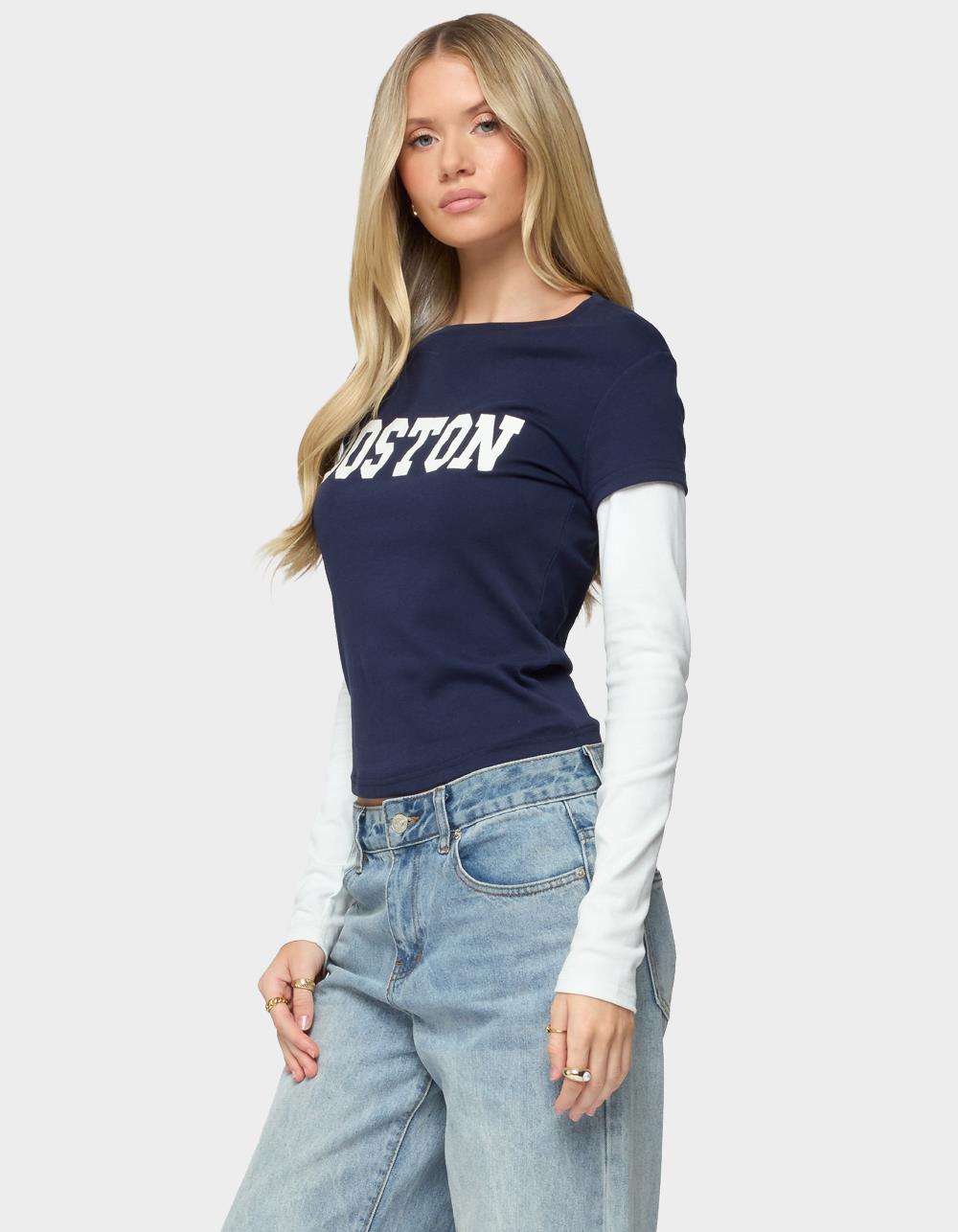 EDIKTED Boston Layered Long Sleeve Tee - NAVY