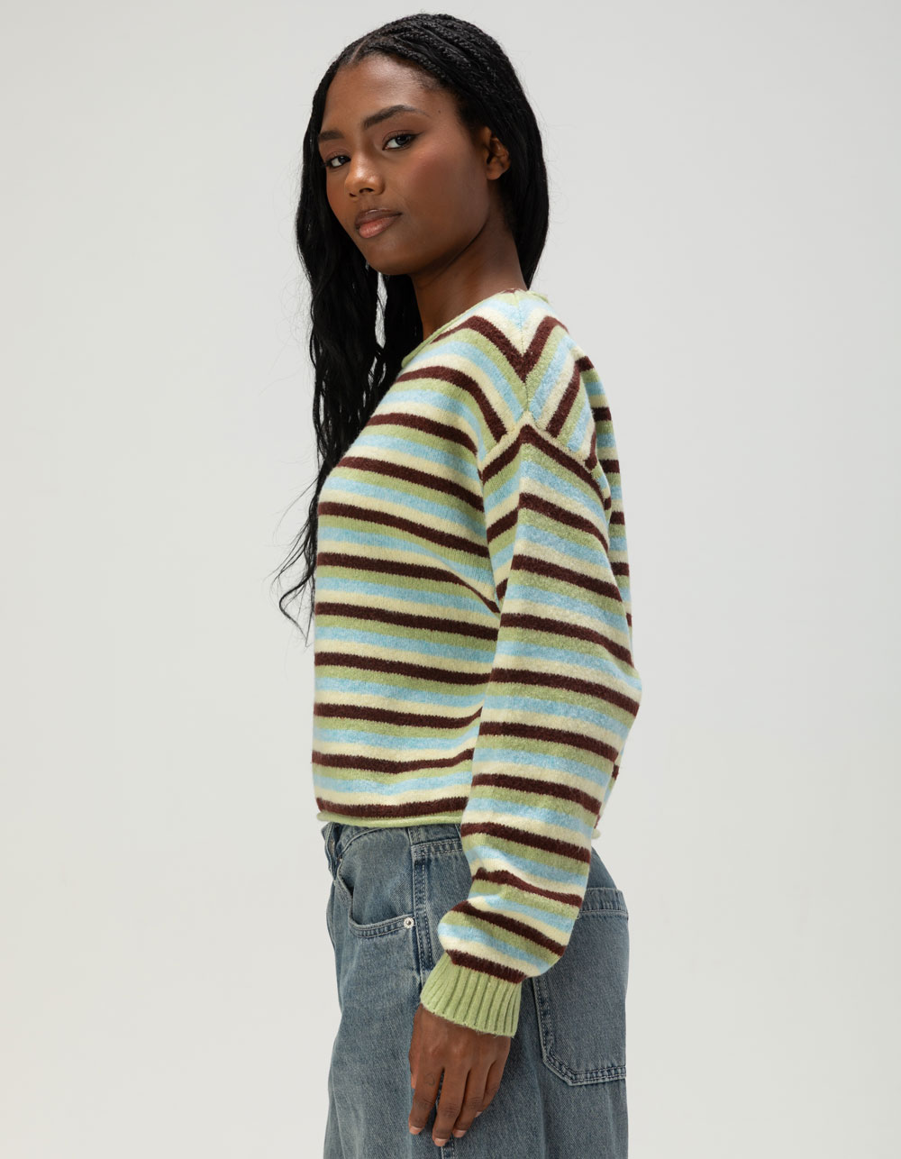 JUST POLLY Womens Stripe Sweater - GREEN COMBO