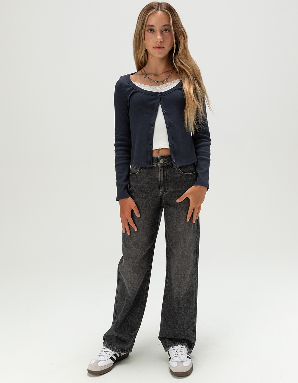 RSQ Girls Button Front Long Sleeve 2fer Top - NAVY COMBO