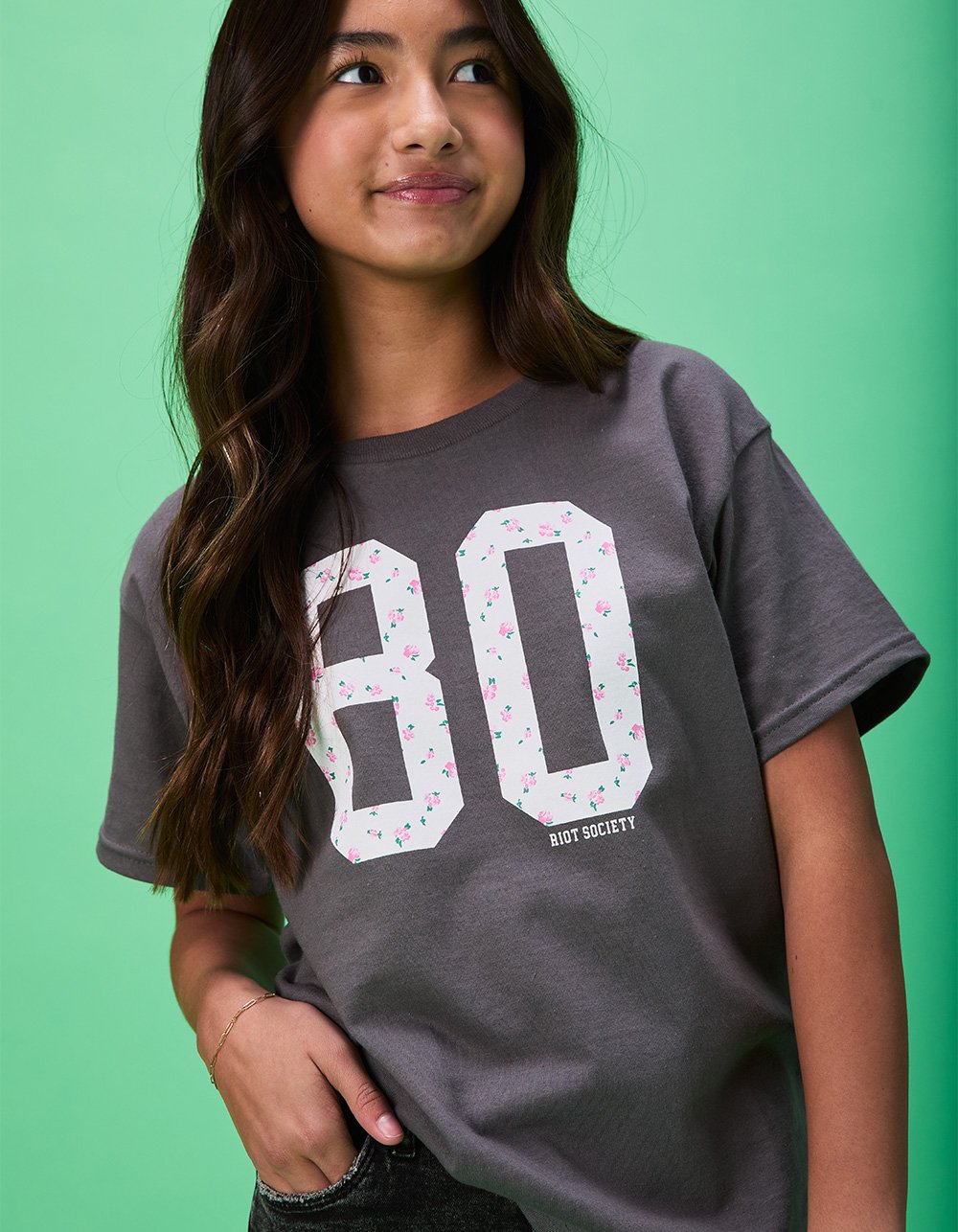 RIOT SOCIETY Ditsy 80 Girls Tee - CHARCOAL