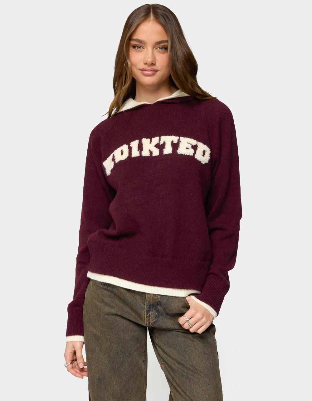 Edikted Varsity Contrast Layered Knit Hoodie - DK RED