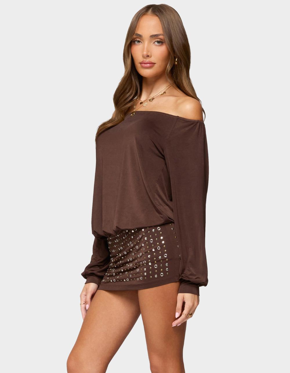 EDIKTED Studded Off Shoulder Backless Romper - BROWN