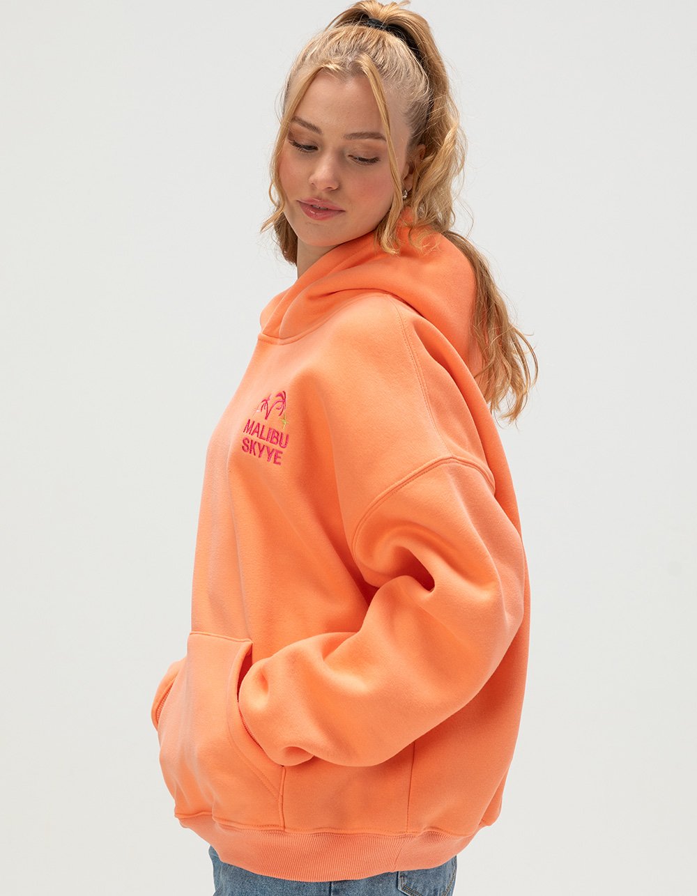 MALIBU SKYYE Greetings Embroidered Womens Hoodie - CORAL