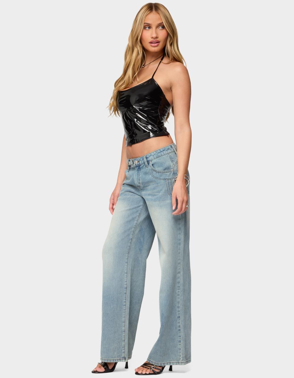 EDIKTED Celia Grommet Washed Low Rise Jeans - LIGHT BLUE