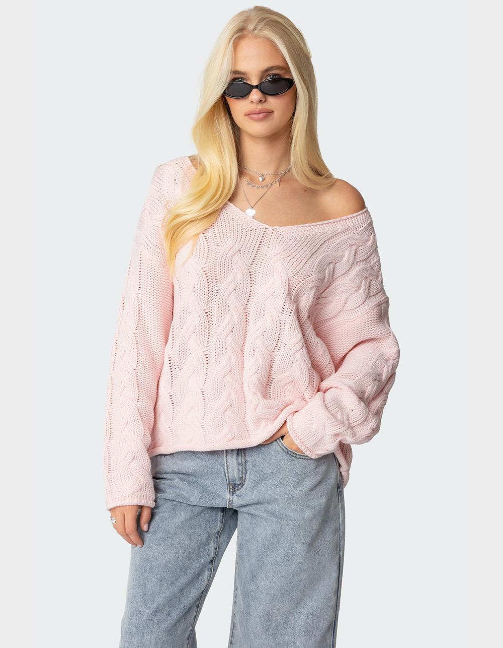 EDIKTED Inga Oversized Cable Knit Sweater - LIGHT PINK | Tillys