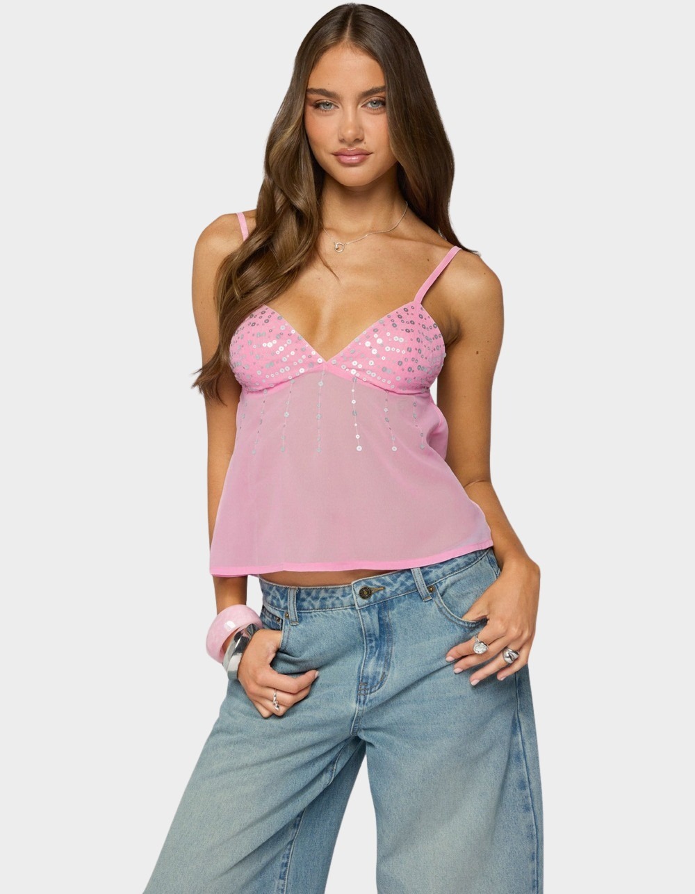 EDIKTED Klio Sequin Chiffon Babydoll Top - LIGHT PINK