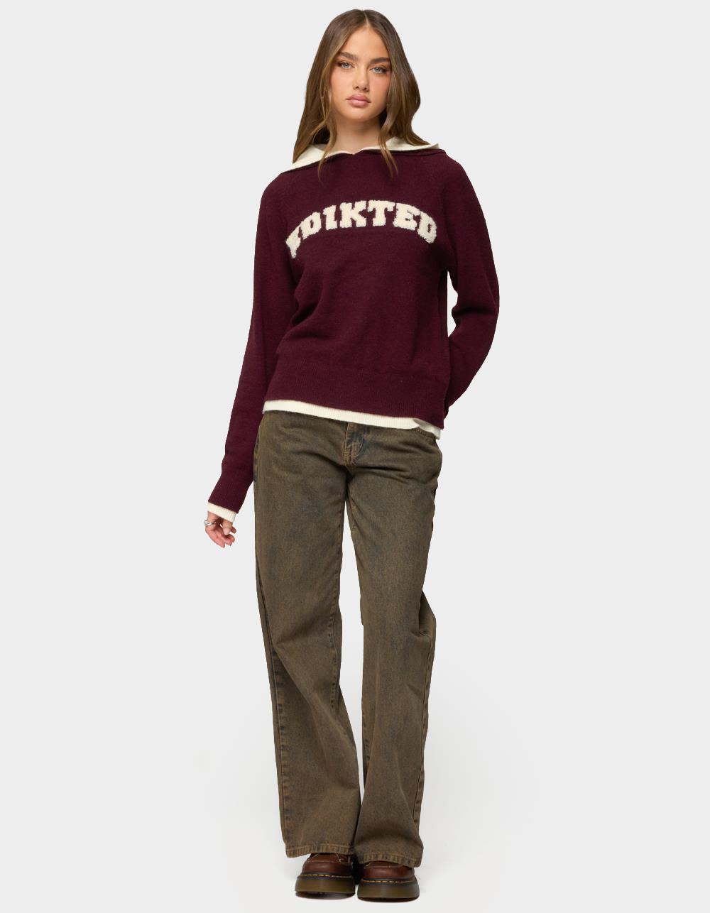 Edikted Varsity Contrast Layered Knit Hoodie - DK RED