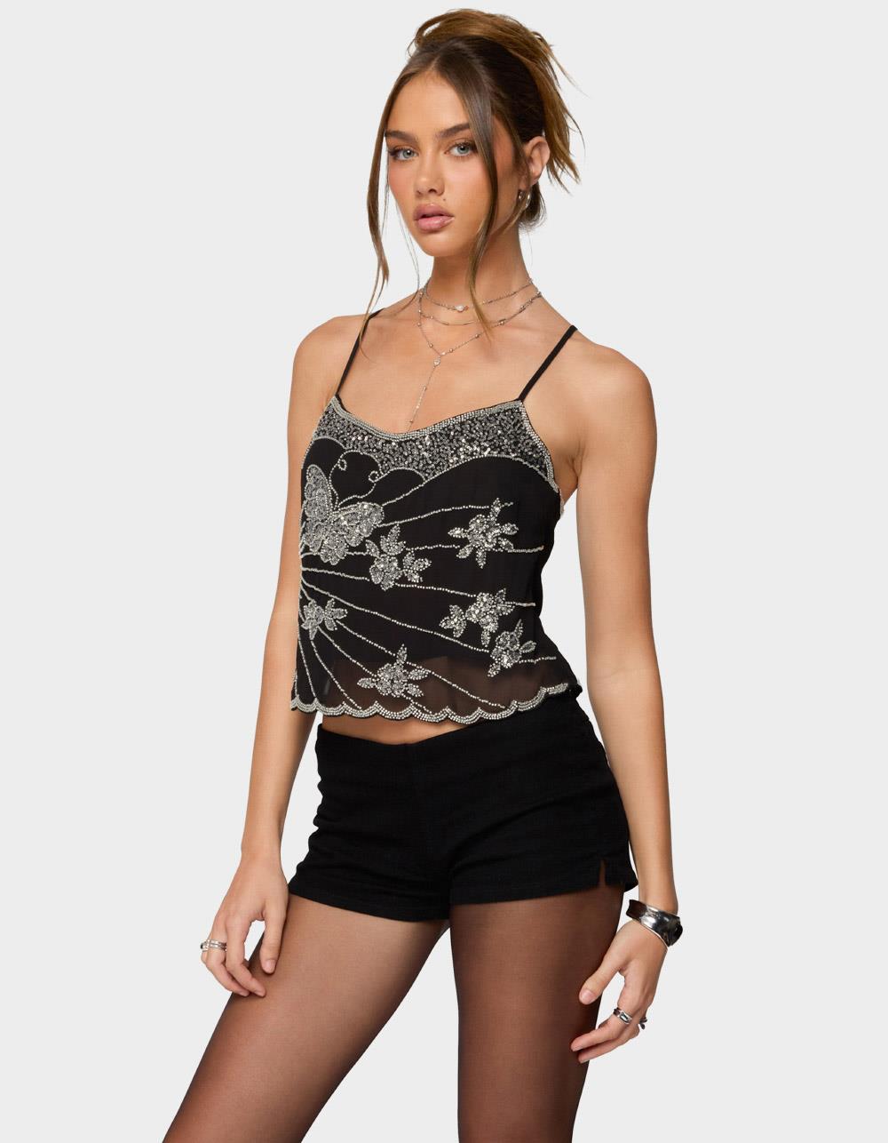 EDIKTED Opal Bead & Sequin Chiffon Tank Top - BLACK