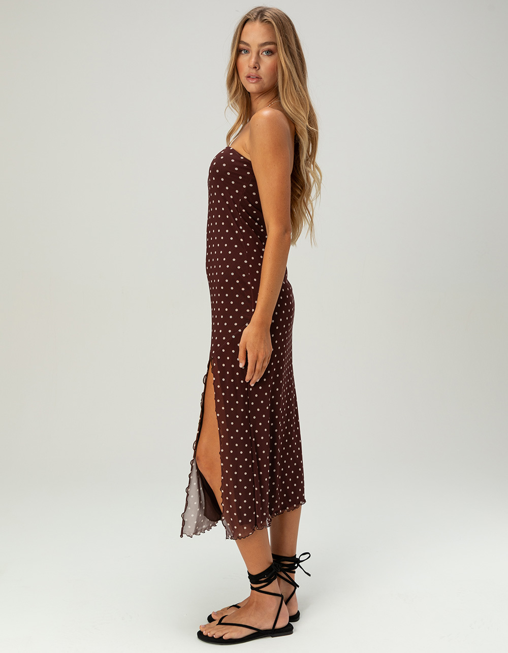 RSQ Womens Polka Dot Mesh Tube Midi Dress - BROWN/WHITE