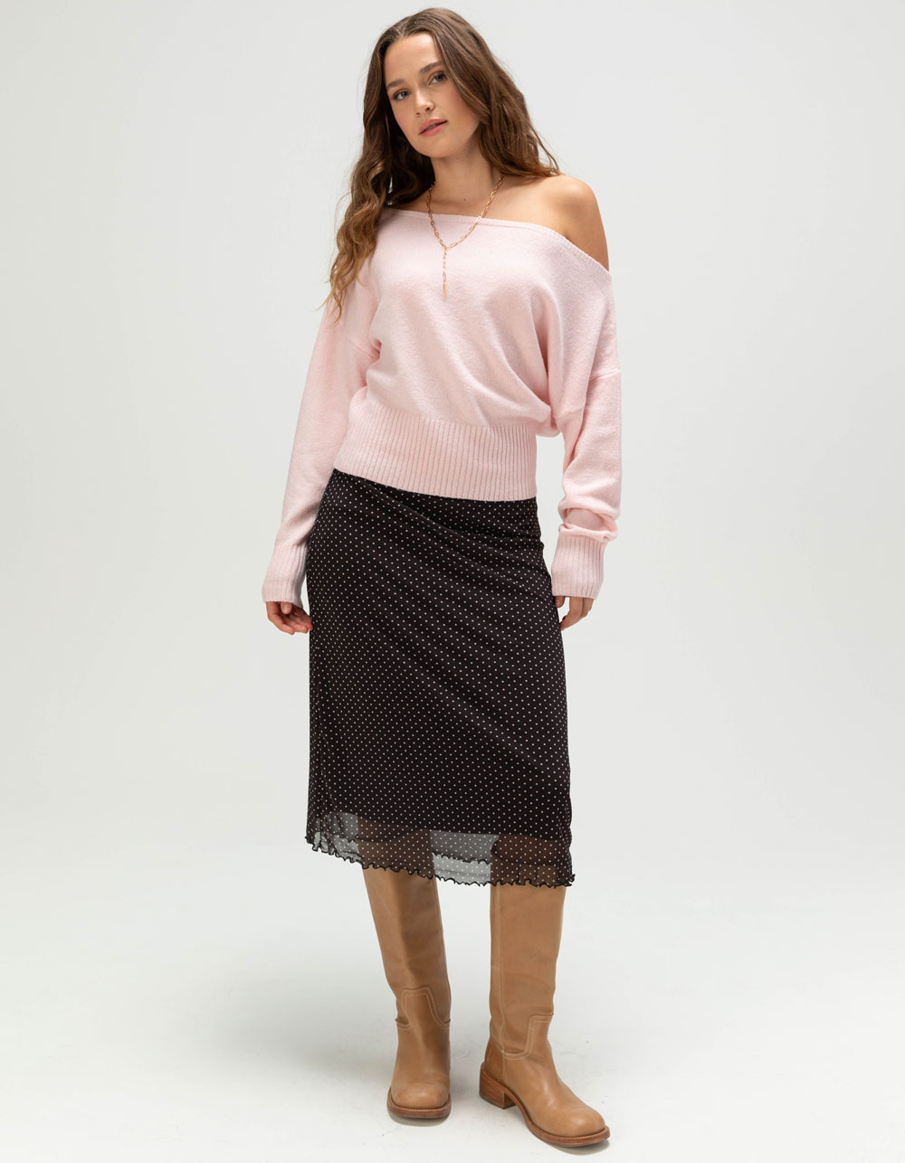 RSQ Womens Low Rise Polka Dot Mesh Midi Skirt - BLACK COMBO