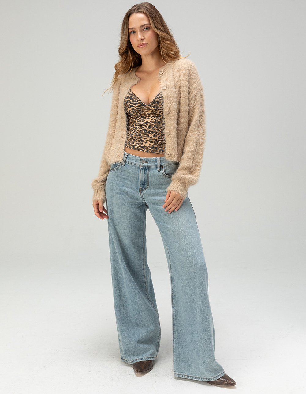 RSQ Womens Cable Fuzzy Cardigan - TAN