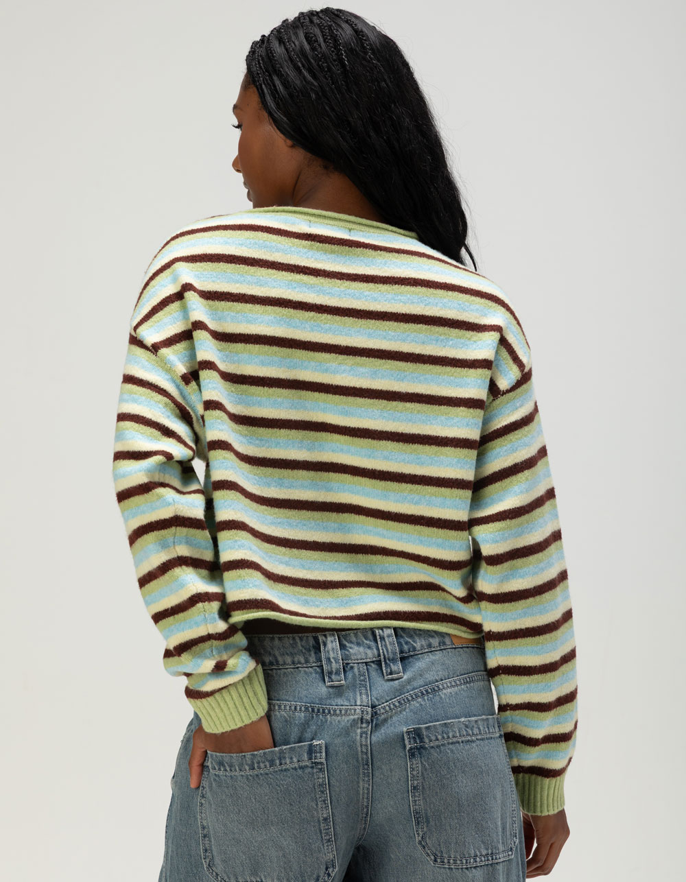 JUST POLLY Womens Stripe Sweater - GREEN COMBO