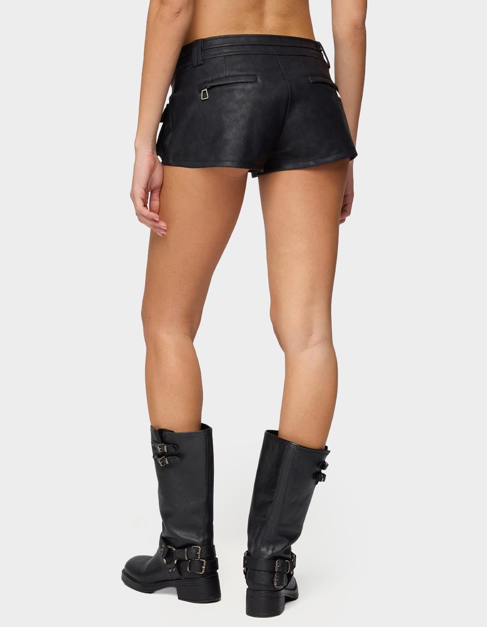 EDIKTED Washed Faux Leather Micro Cargo Shorts - BLACK