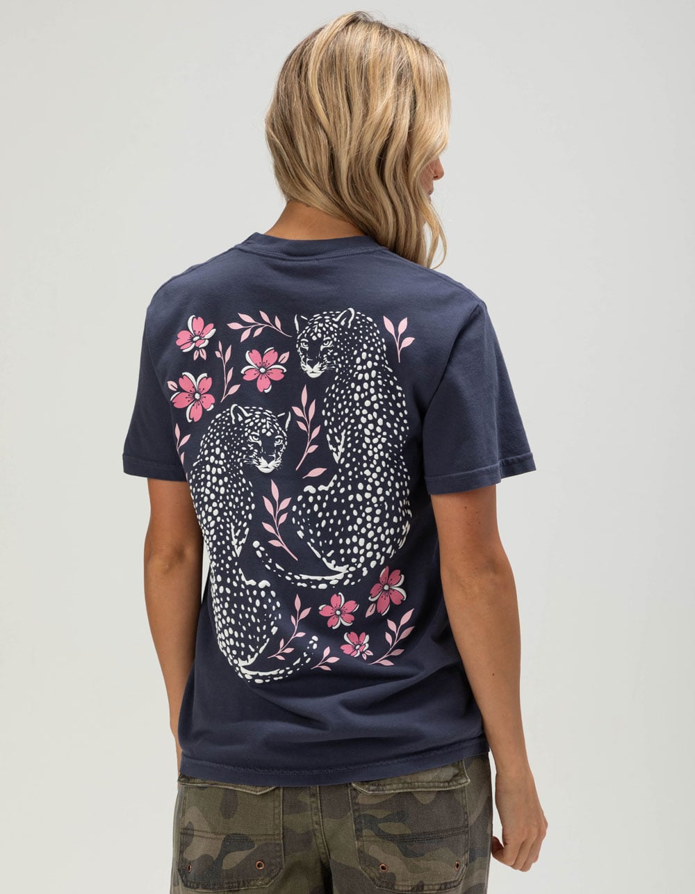 RIOT SOCIETY Cheetah Blossom Womens Tee - NAVY