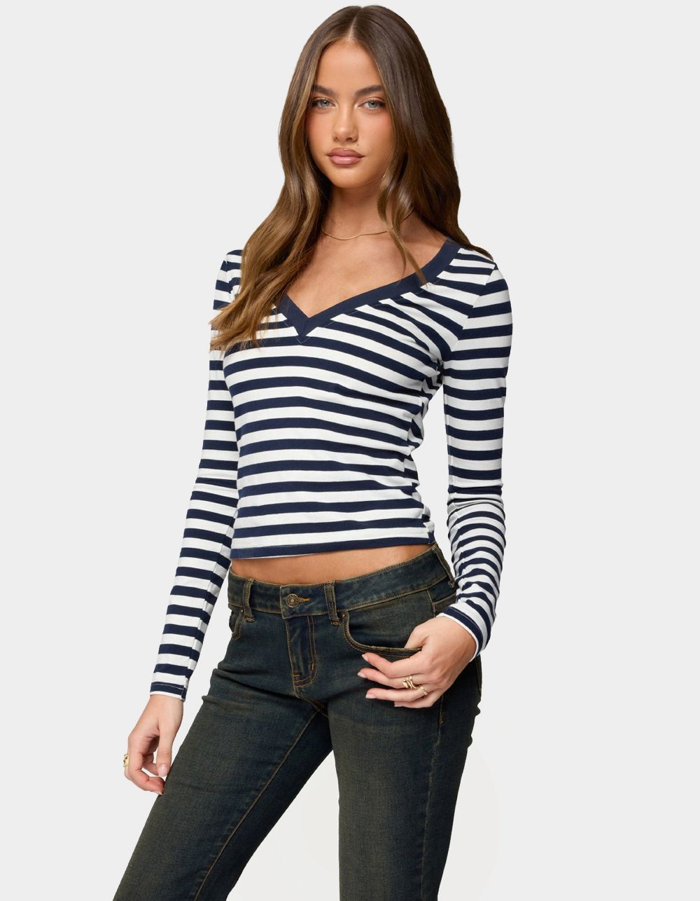 EDIKTED Solly Striped Long Sleeve Tee - NAVY