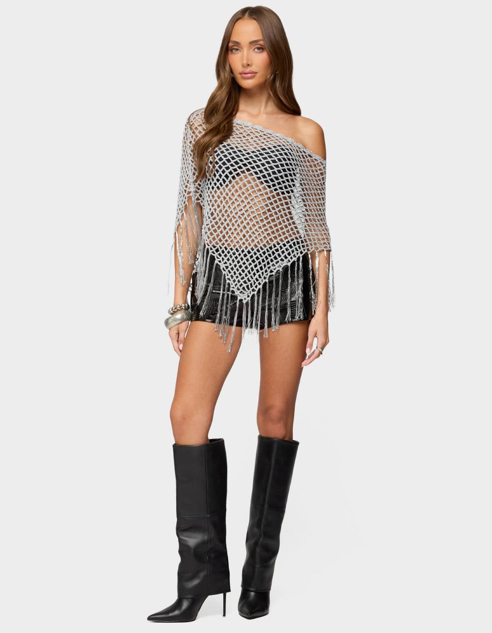 EDIKTED Evette Fringe Open Knit Metallic Poncho - SILVER