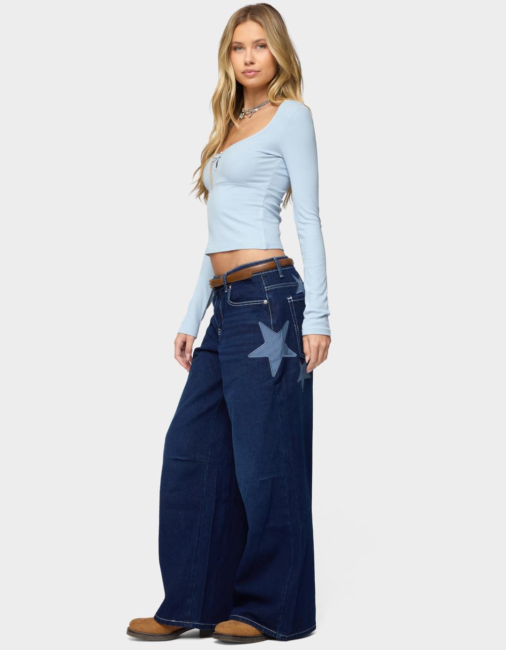 EDIKTED Trish Stars Low Rise Baggy Jeans - DARK BLUE