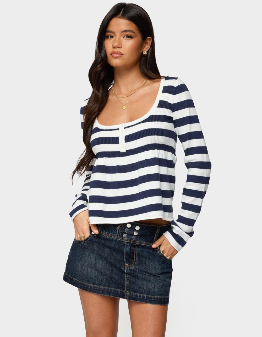 EDIKTED Lockie Striped Knit Babydoll Top - NAVY