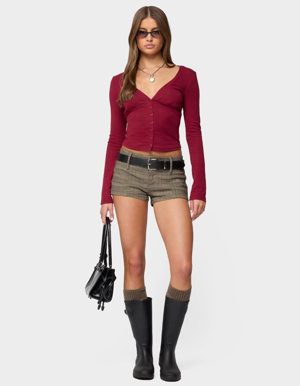 EDIKTED Charla V-Neck Button Up Top - DK RED