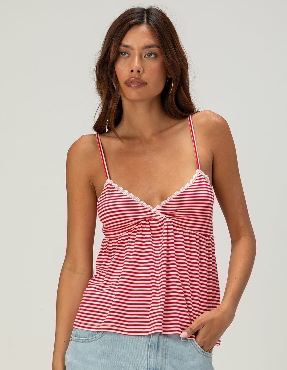 RSQ Womens Stripe Babydoll Top - RED/WHITE