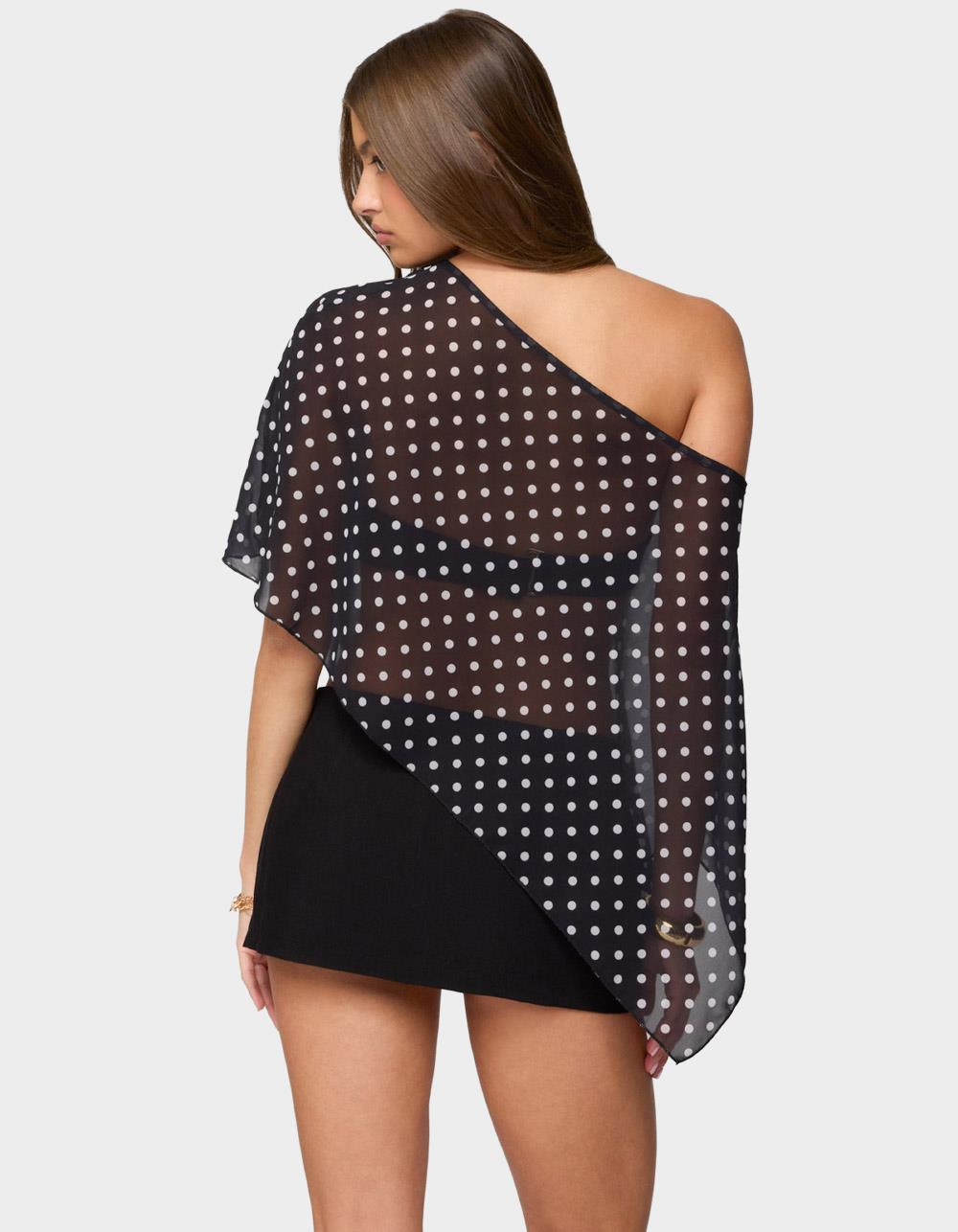 EDIKTED Sheer Chiffon Asymmetric Polka Dot Poncho - BLACK