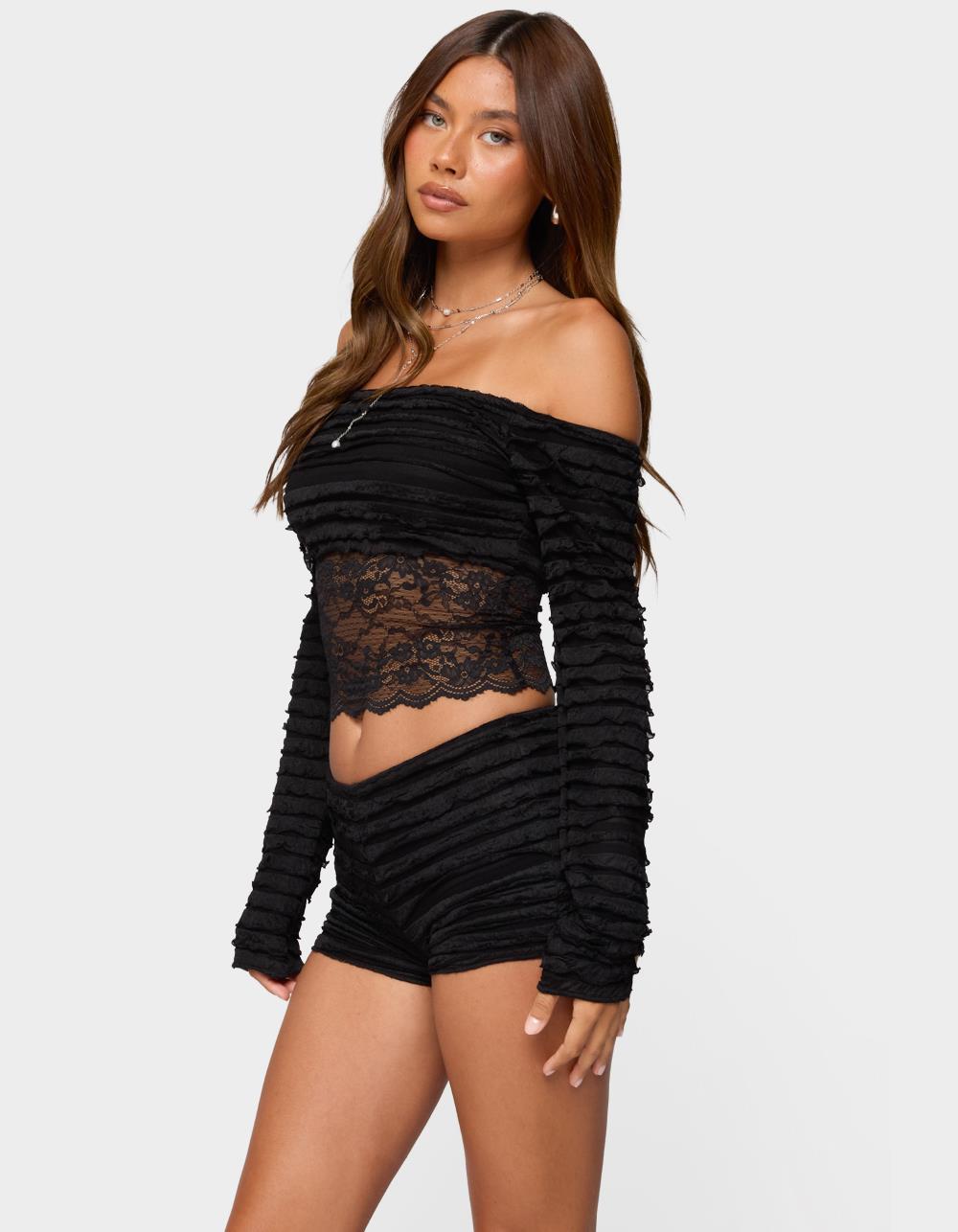 EDIKTED Tauri Lacey Ruffled Off Shoulder Top - BLACK