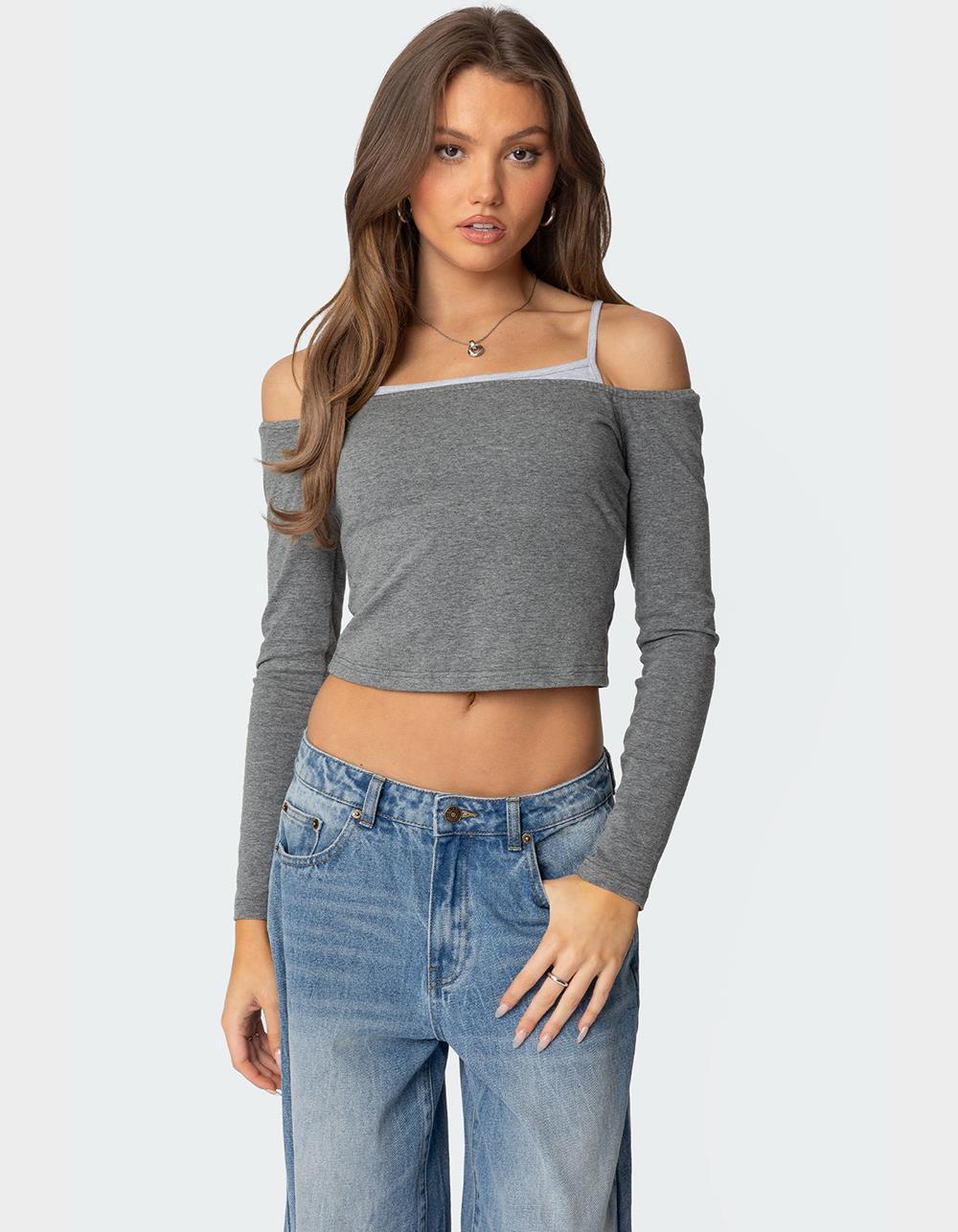 EDIKTED Off Shoulder Layered Long Sleeve Tee - GRAY | Tillys