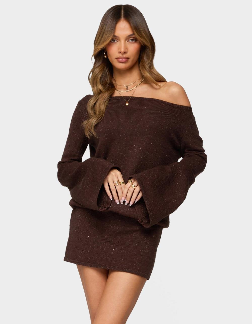 EDIKTED Off Shoulder Sequin Knit Mini Dress - BROWN