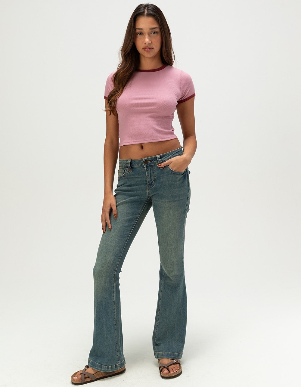 HEART & HIPS Womens Contrast Crewneck Tee - PINK COMBO