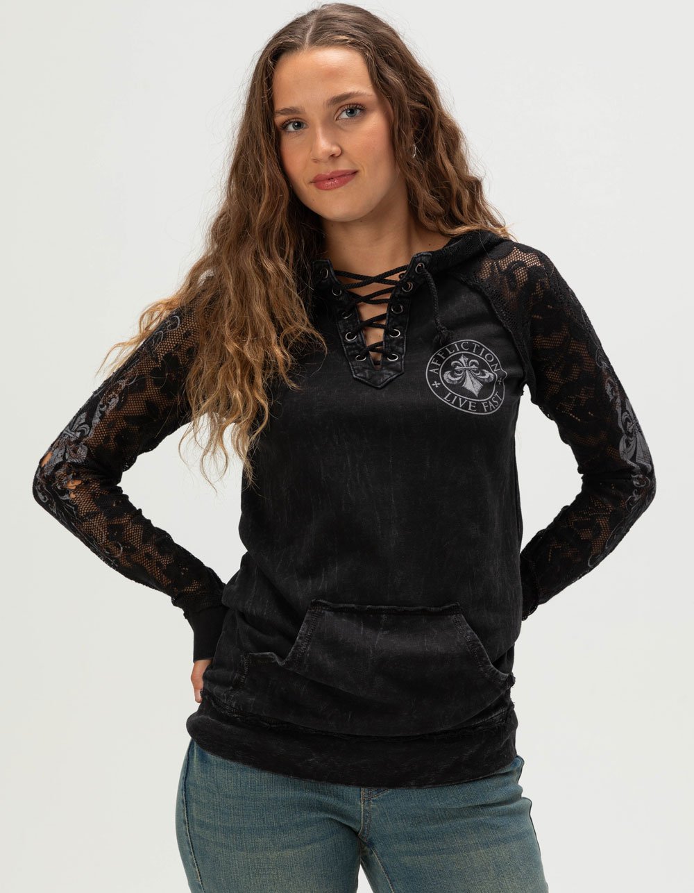 AFFLICTION Simulation Womens Lace Up Hoodie - BLACK