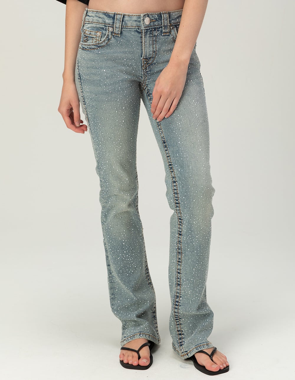 TRUE RELIGION Becca Mid Rise Big T Crystal Womens Bootcut Jeans - MEDIUM WASH