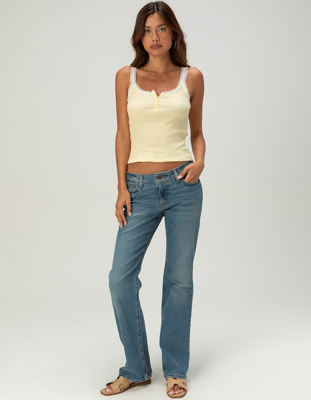 RSQ Womens Lace Trim Henley Tank Top - YELLOW