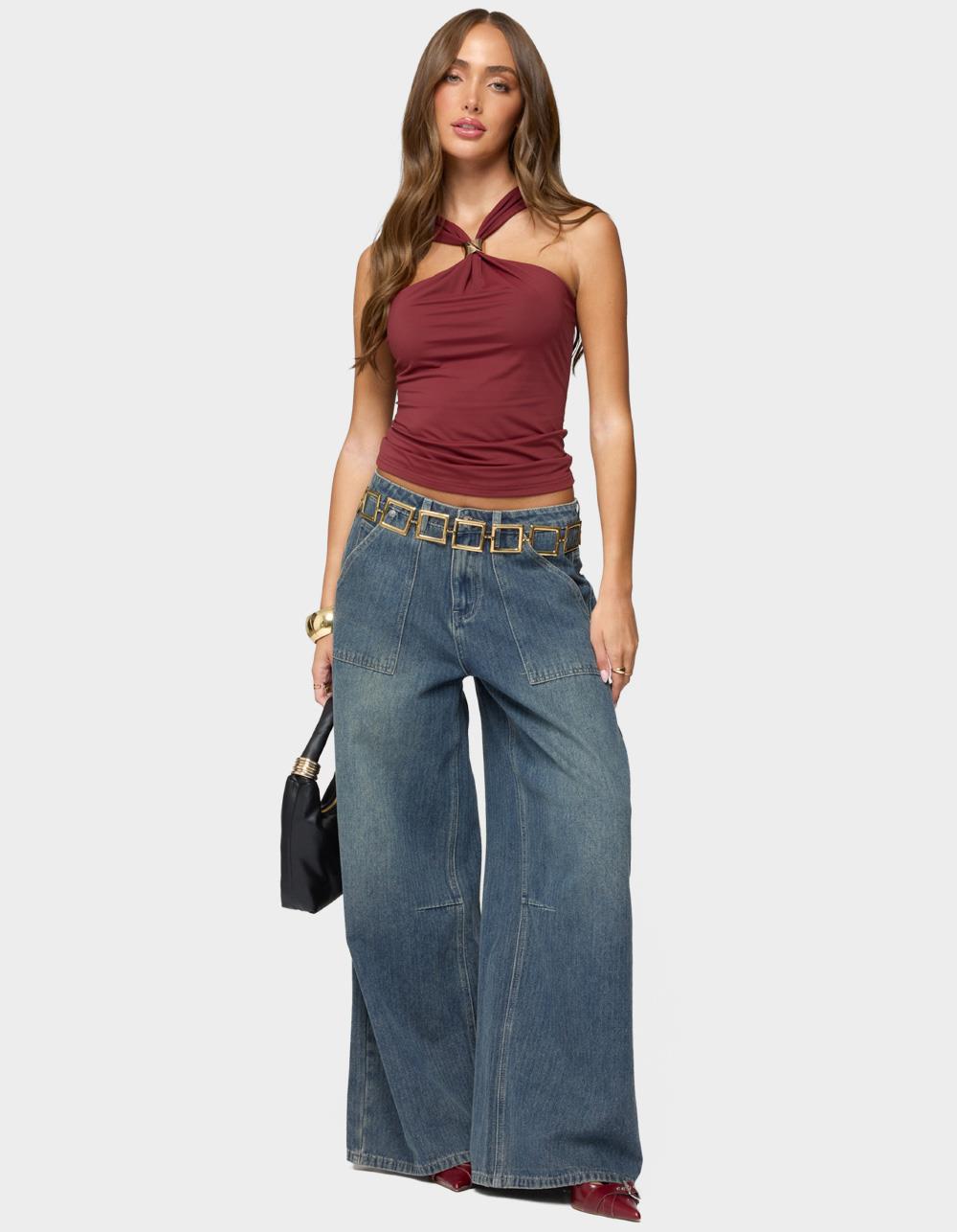 EDIKTED Cielle Wide Strap Gathered Top - DK RED