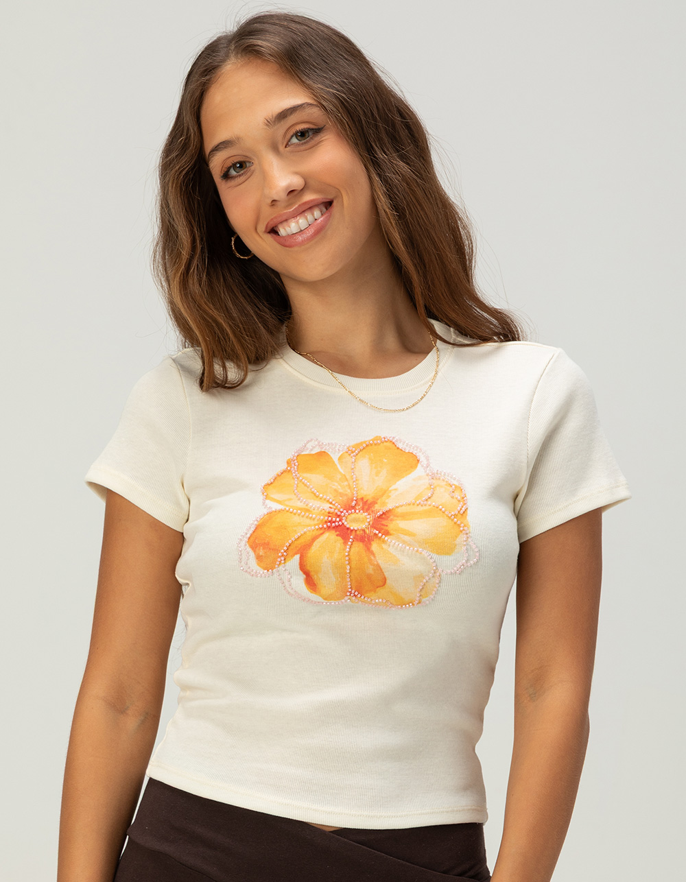FULL TILT Flower Beaded Womens Baby Tee - CREAM