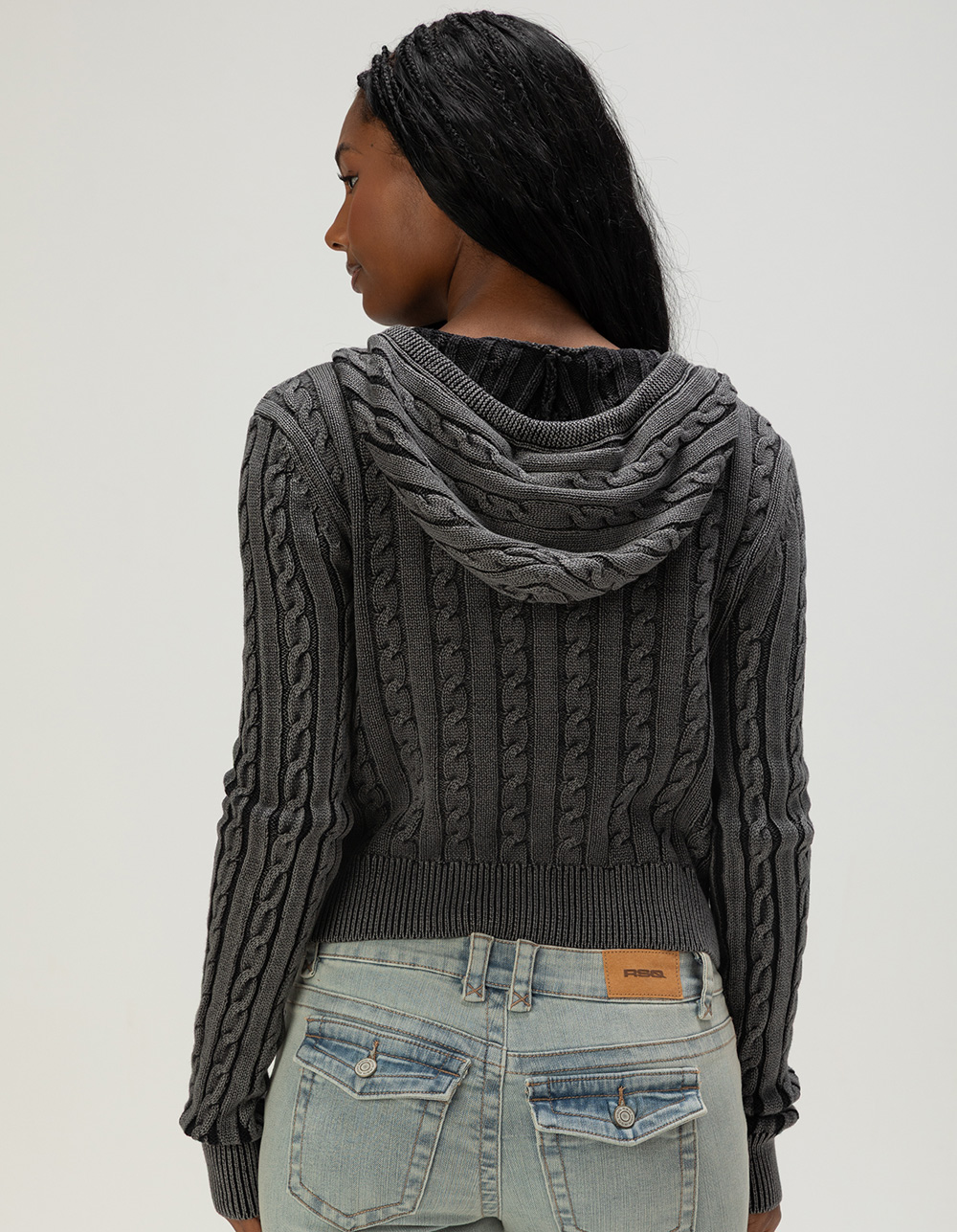 FULL TILT Womens WASHED Zip-Up Cable Knit Hoodie - BLACK