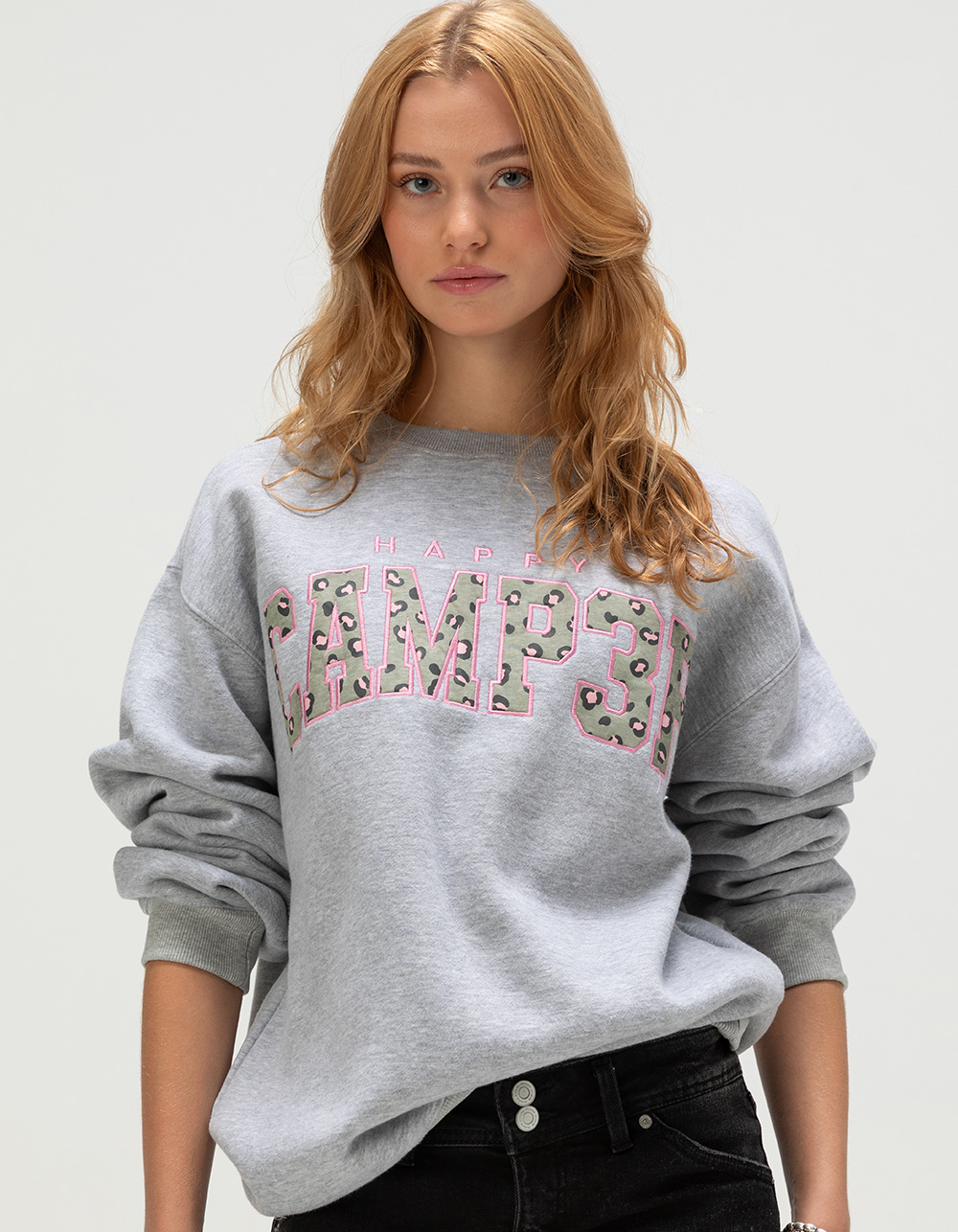 HAPPY CAMP3R Womens Crewneck Sweatshirt - HEATHER GRAY