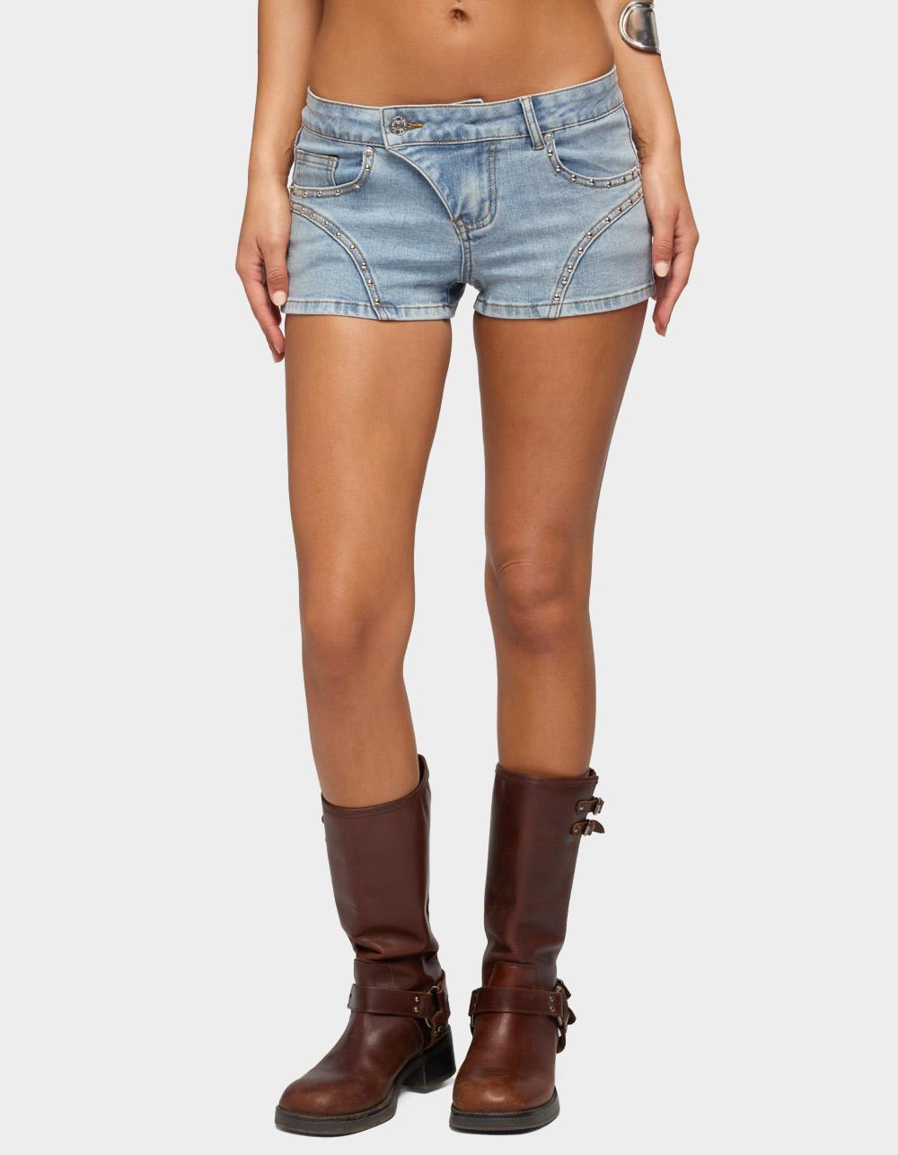 EDIKTED Western Stitch Studded Denim Micro Shorts - BLUE