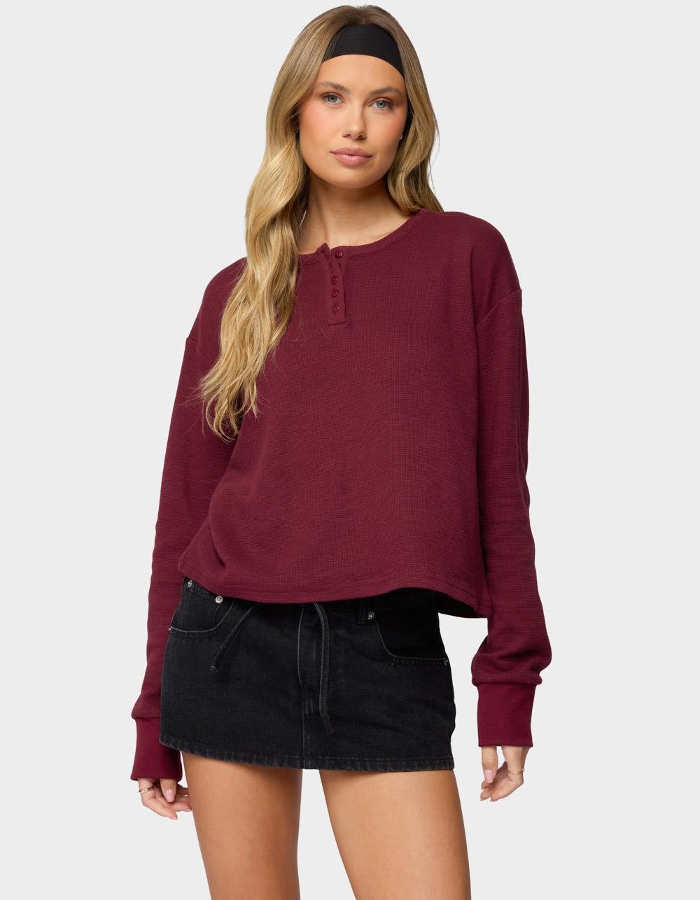 EDIKTED Deni Long Sleeve Henley Waffle Top