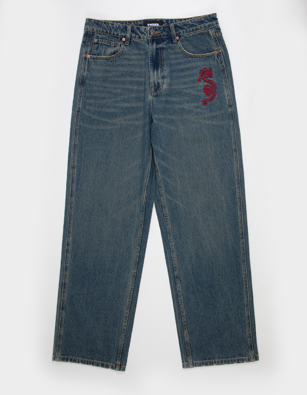 RSQ Mens Embroidered Dragon Baggy Jeans - DARK OIL