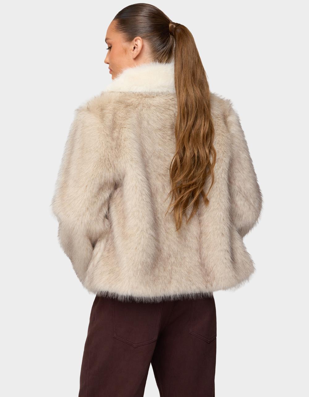 EDIKTED Contrast Collar Faux Fur Jacket - BROWN