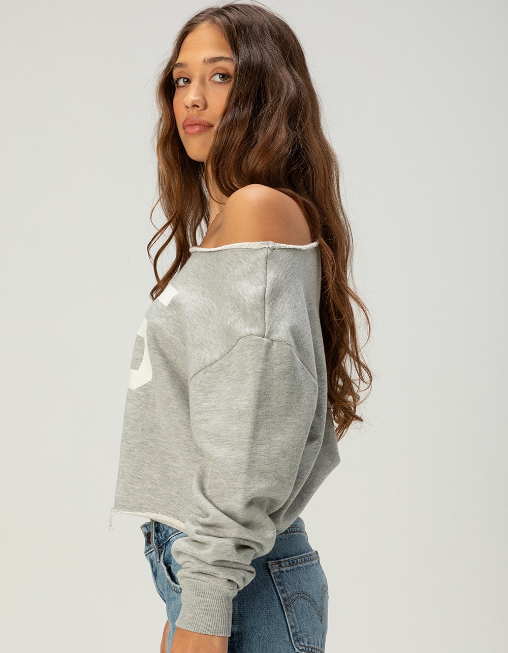 RSQ Womens 95 Crew Off The Shoulder Sweatshirt - HEATHER GRAY