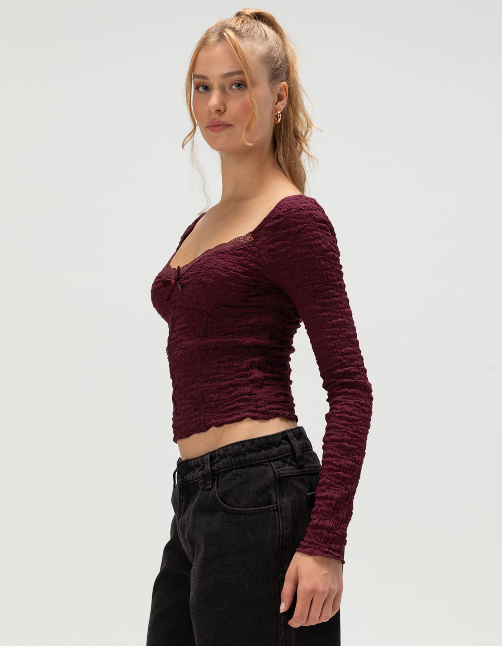 WEST OF MELROSE Womens Lace Trim Top - BURGUNDY
