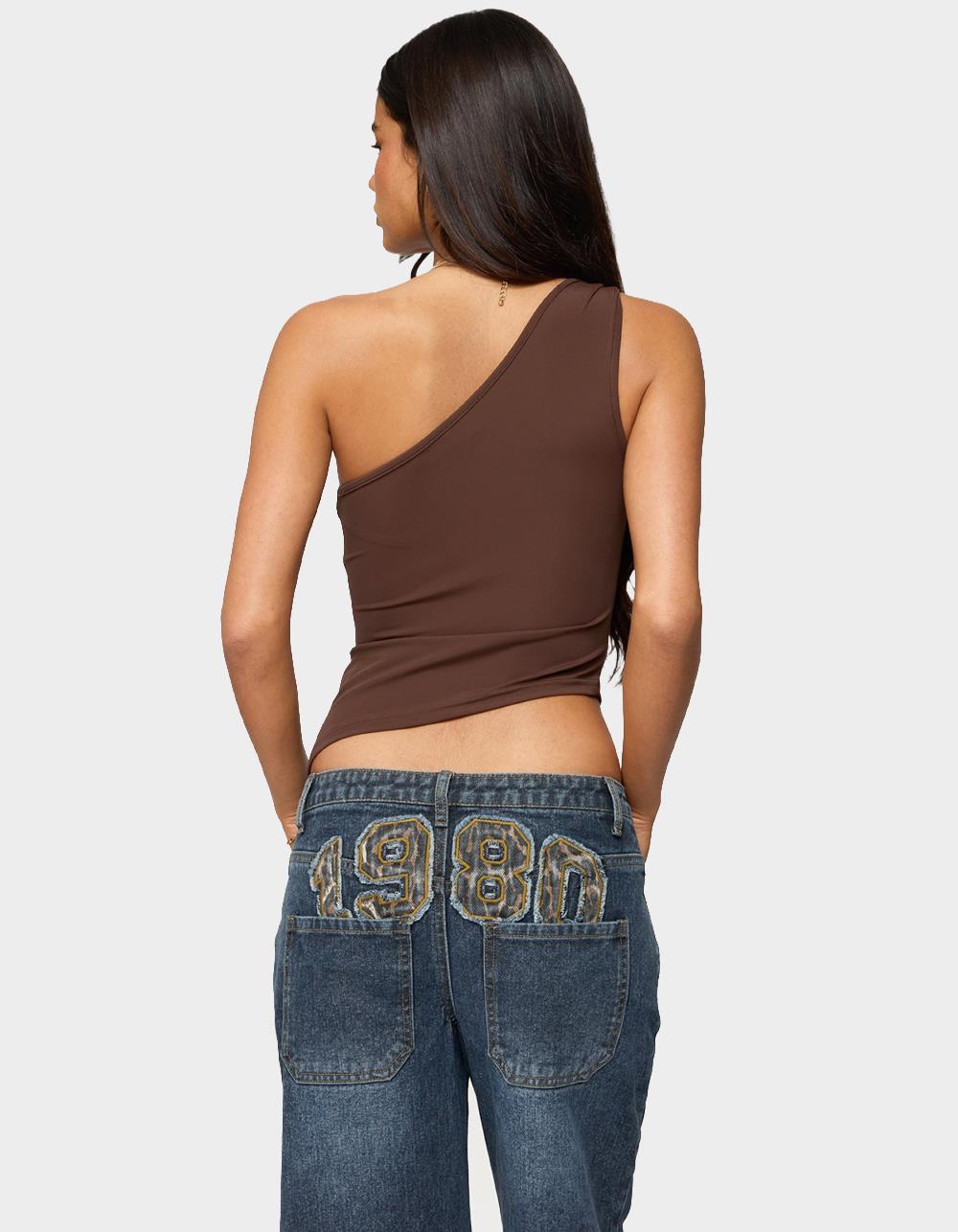 EDIKTED Knotted One Shoulder Asymmetric Top - DARK BROWN