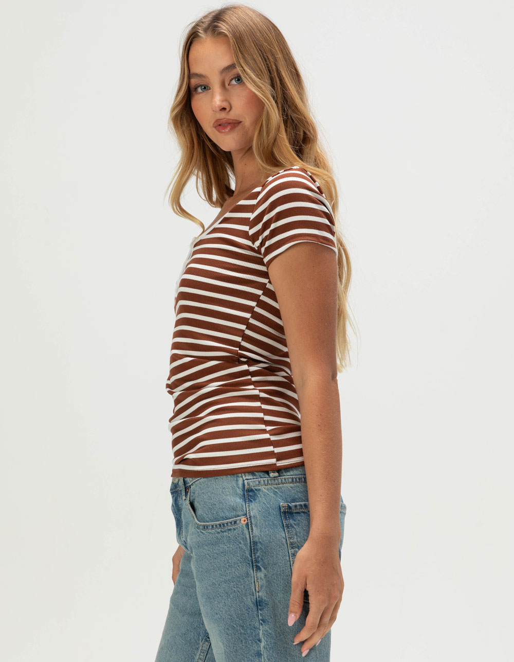 RSQ Womens Henley Top - BROWN/WHITE