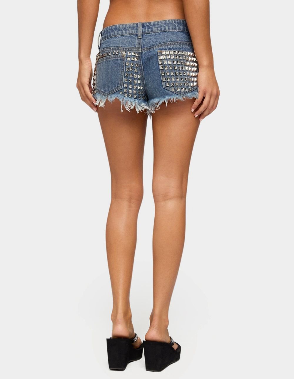 EDIKTED Studded Frayed Low Rise Denim Shorts - LIGHT BLUE