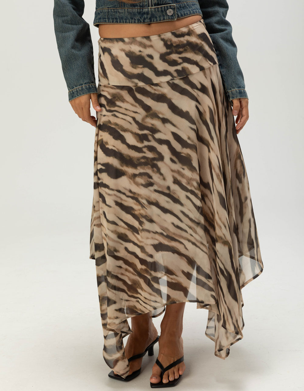 WEST OF MELROSE Asymmetric Animal Print Womens Midi Skirt - BROWN COMBO