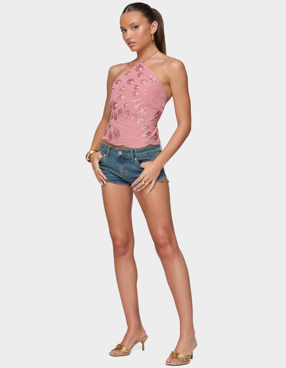 EDIKTED Embroidered Bead & Sequin Halter Top - PINK