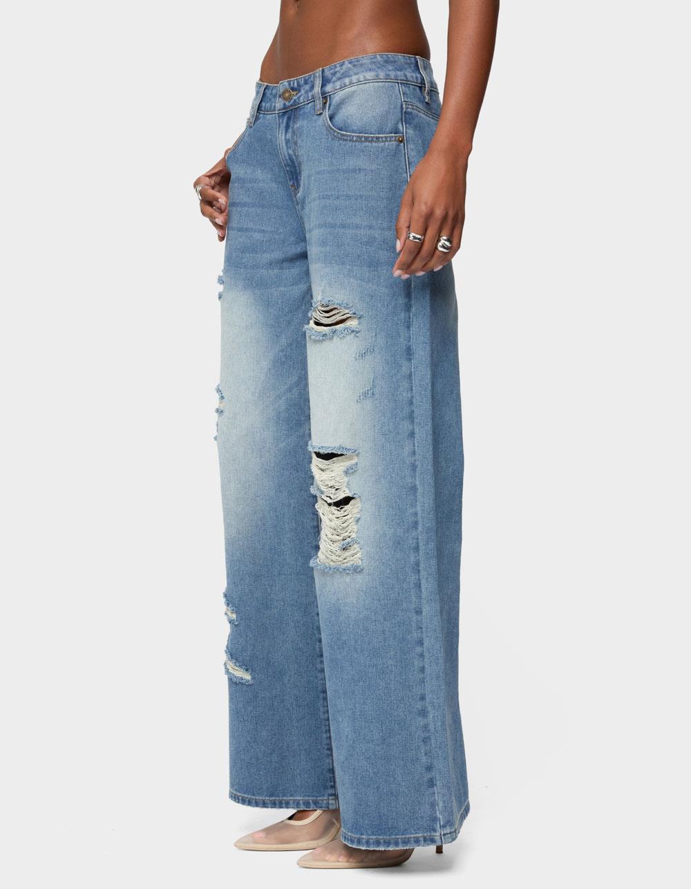 EDIKTED Frye Distressed Low Rise Baggy Jeans - LIGHT BLUE