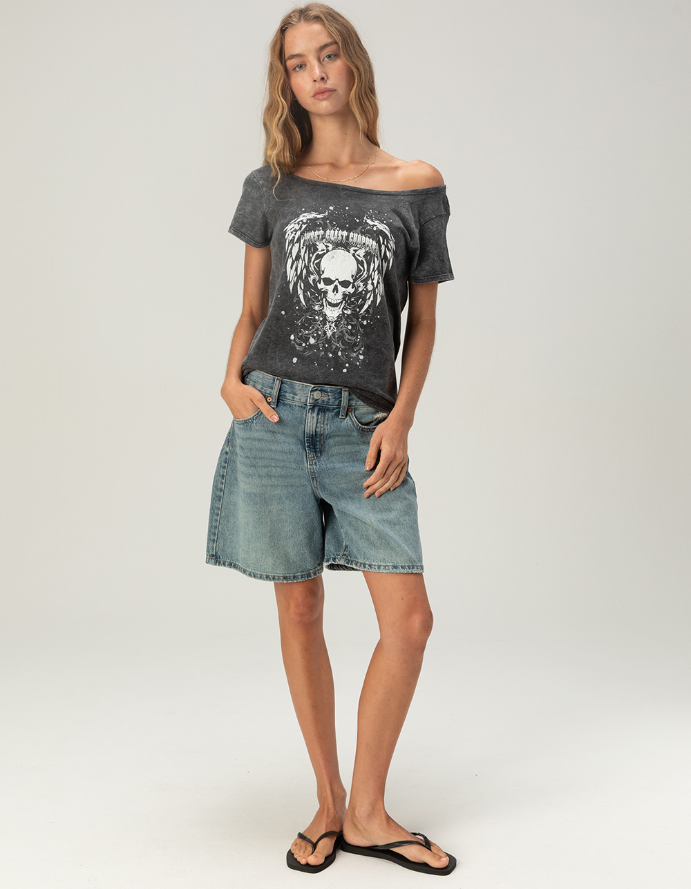 WEST COAST CHOPPERS Skull And Wings Womens Off The Shoulder Tee - WASHED BLACK